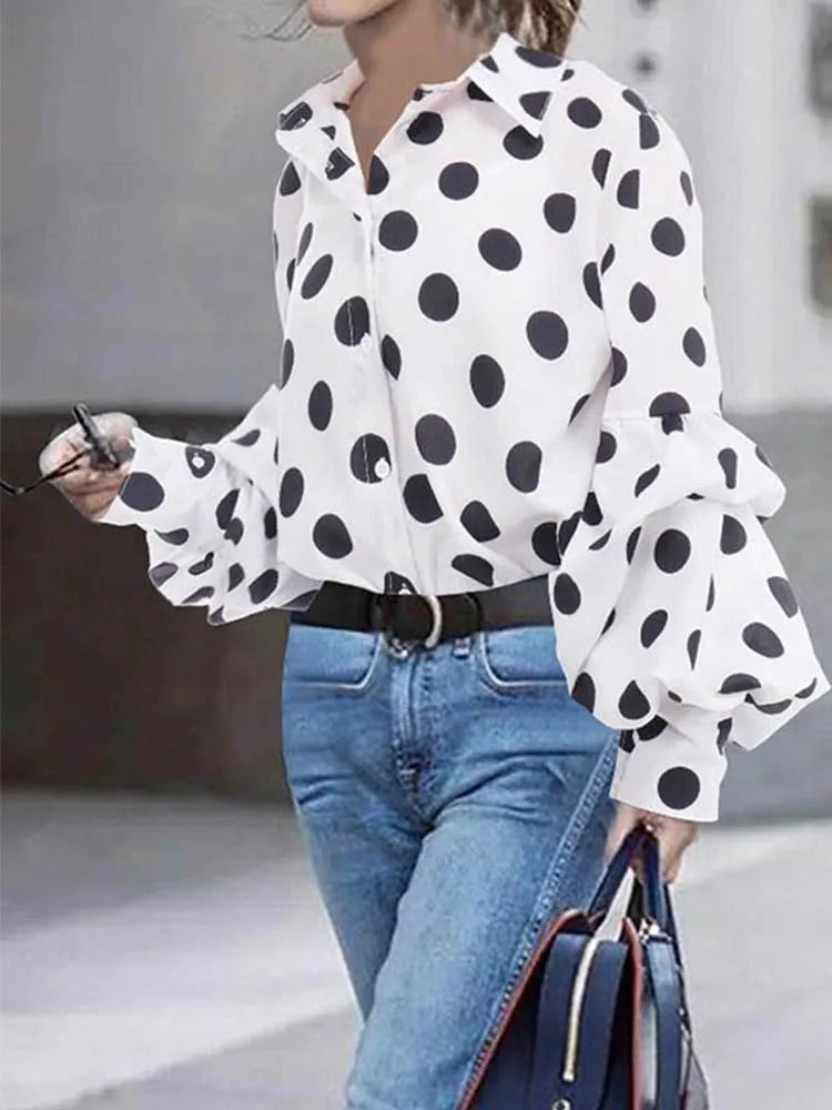 Women's Black White Polka-Dot Lapel Blouses