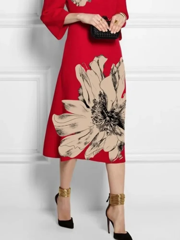 Autumn Winter Women Floral Printed Party Evening Midi Dresse