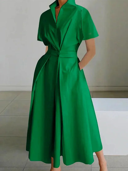 Female Stylish Solid Color Lapel A-line Long Dress