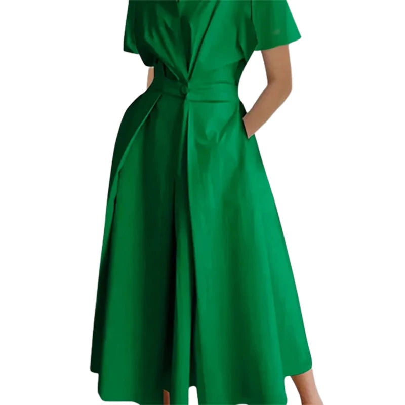 Female Stylish Solid Color Lapel A-line Long Dress