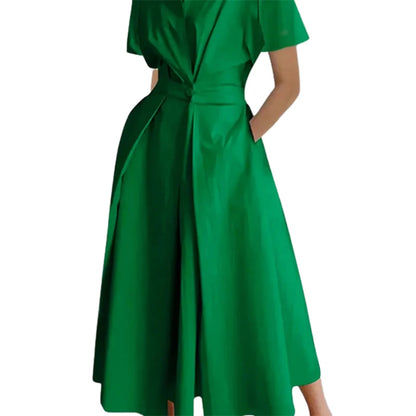 Female Stylish Solid Color Lapel A-line Long Dress