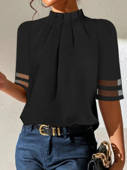 Black T-shirts Women Fashion Mesh Patchwork Half Sleeves Tops