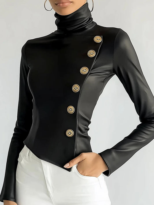 Women High Neck PU Leather Long Sleeve Blouse