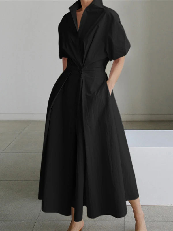 Female Stylish Solid Color Lapel A-line Long Dress