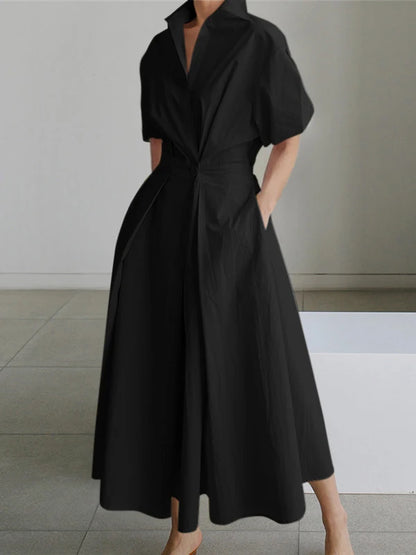 Female Stylish Solid Color Lapel A-line Long Dress