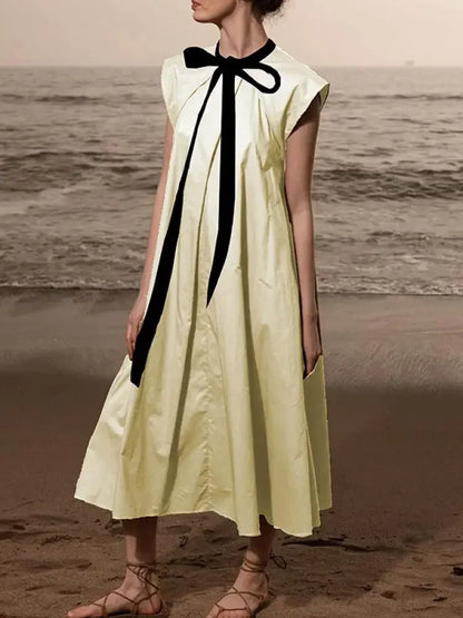 Women Fashion Tied Design Pleated A-Line Dress