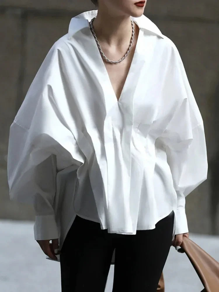 Women's Black White Color Pleated Lapel Blouses