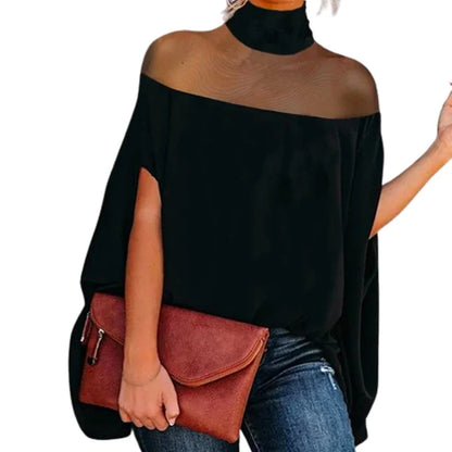 Female Fashion Simple Solid Color See-Through High-Neck Blouses