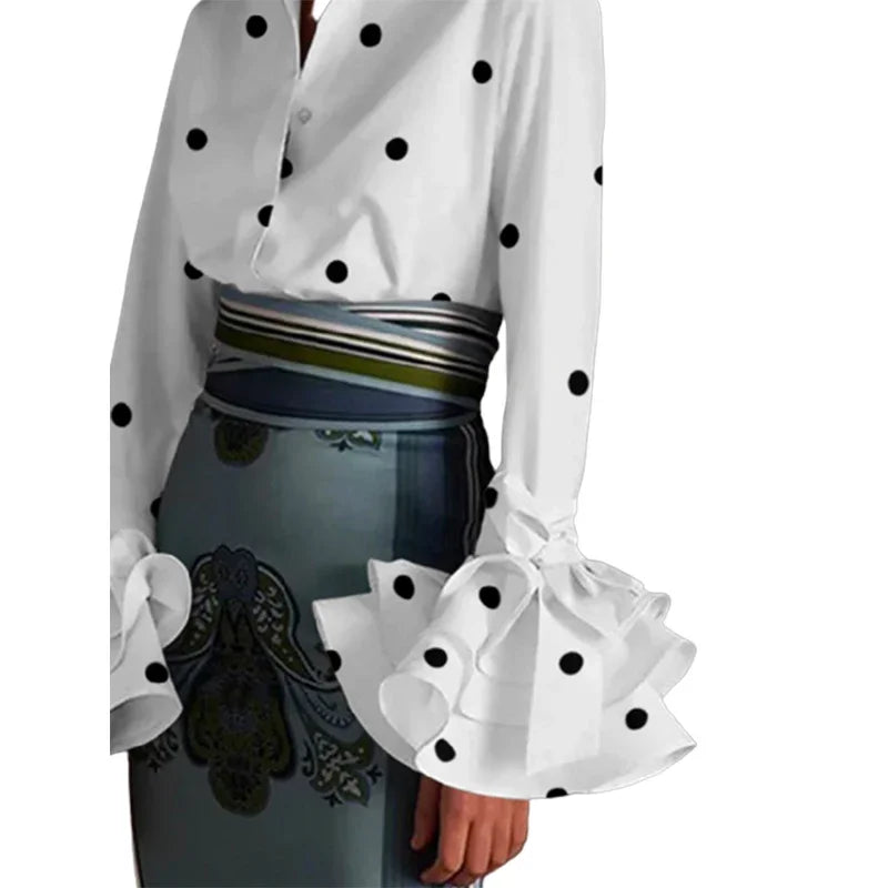 Women's Flared Sleeves Falbala Polka-Dot Lapel Collar Blouses