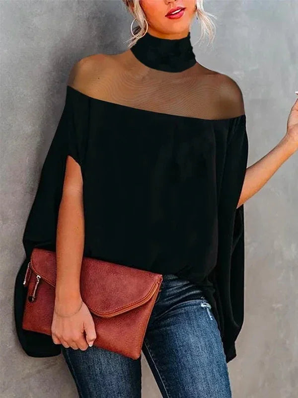 Female Fashion Simple Solid Color See-Through High-Neck Blouses