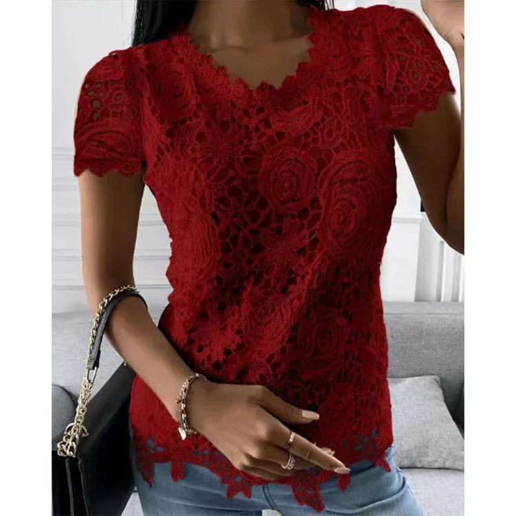 Lace T Shirt Women Elegant Casual Tshirt