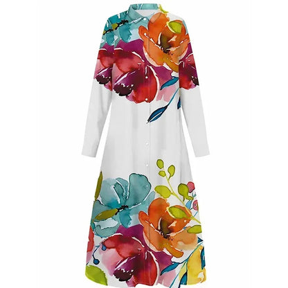 Female Vintage Floral Printed Buttoned Evening Maxi Dresses