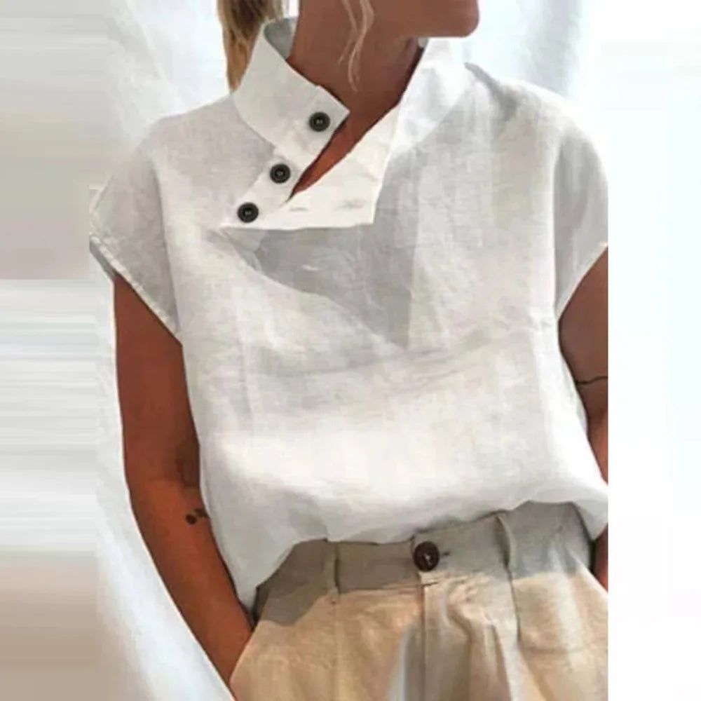 New Summer Female Buttoned Solid Color Stand Collar T-shirts