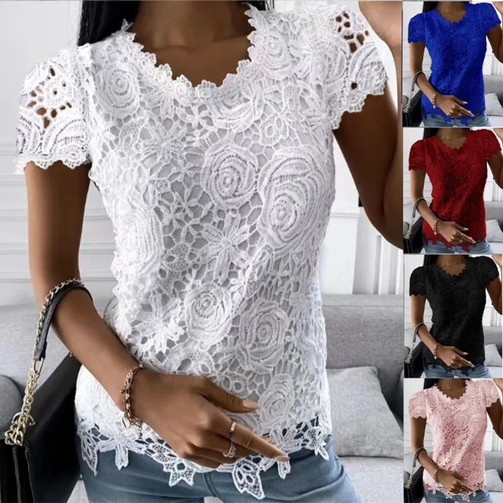 Lace T Shirt Women Elegant Casual Tshirt