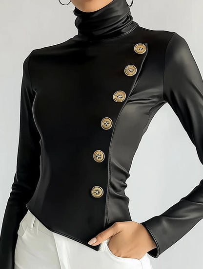 Women High Neck PU Leather Long Sleeve Blouse