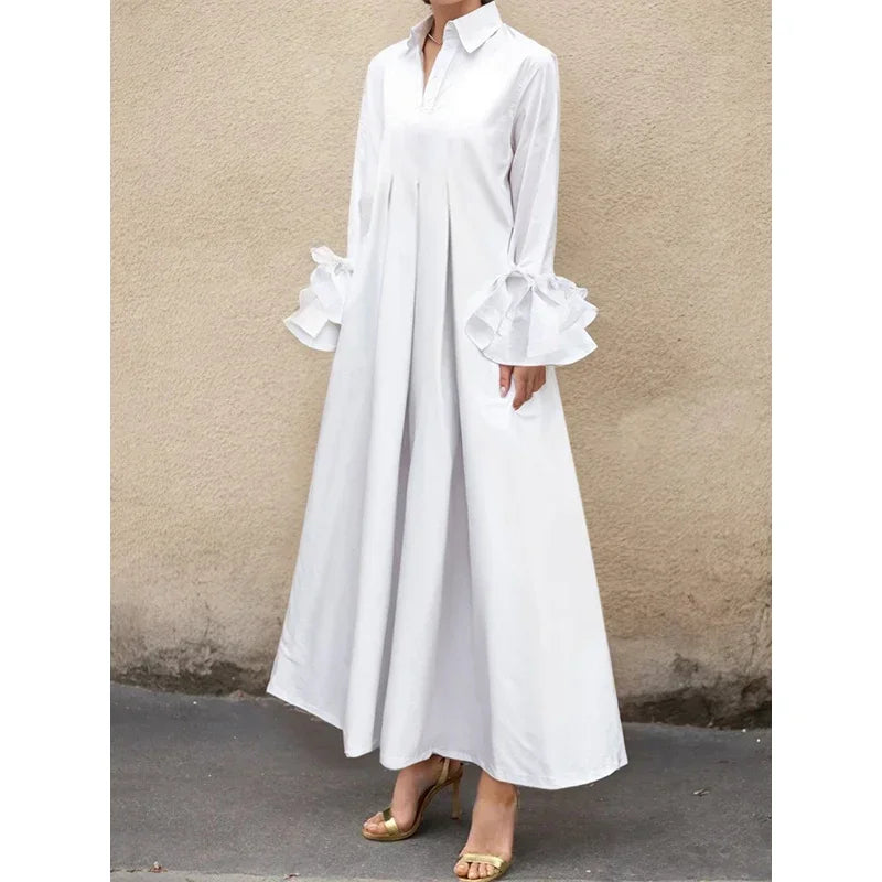 Black White Color Flared Sleeves Pleated Shirts Dress