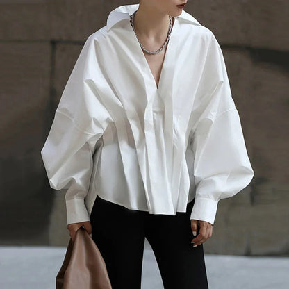 Women's Black White Color Pleated Lapel Blouses