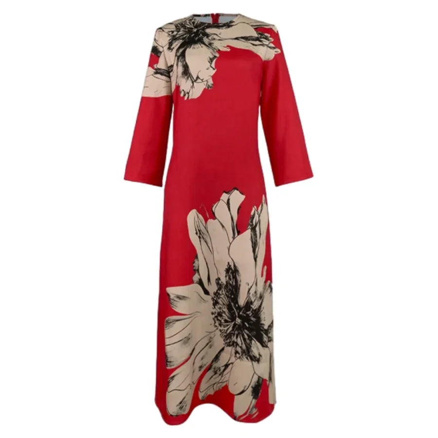 Autumn Winter Women Floral Printed Party Evening Midi Dresse