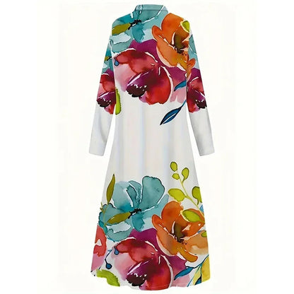 Female Vintage Floral Printed Buttoned Evening Maxi Dresses