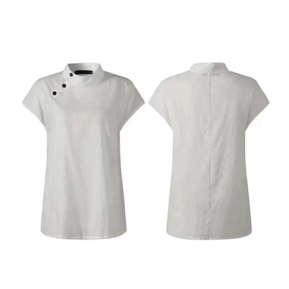 New Summer Female Buttoned Solid Color Stand Collar T-shirts