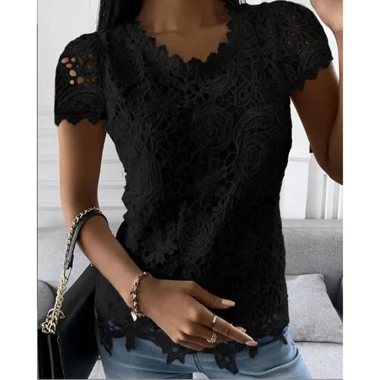 Lace T Shirt Women Elegant Casual Tshirt