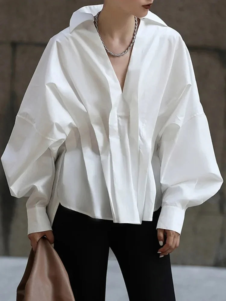 Women's Black White Color Pleated Lapel Blouses