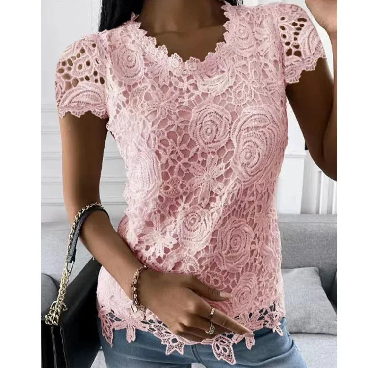 Lace T Shirt Women Elegant Casual Tshirt