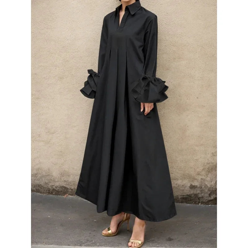 Black White Color Flared Sleeves Pleated Shirts Dress