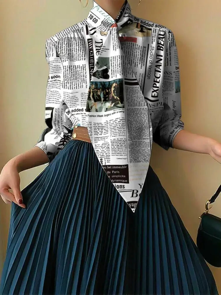 Female Stylish Newspaper Printed High Neck Tie Design Blouses