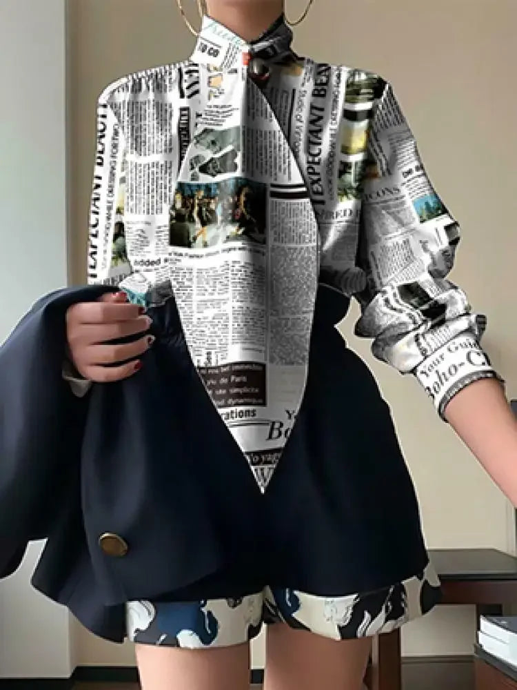 Female Stylish Newspaper Printed High Neck Tie Design Blouses