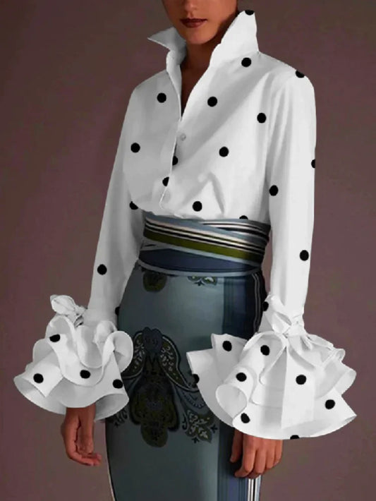 Women's Flared Sleeves Falbala Polka-Dot Lapel Collar Blouses