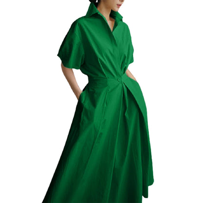 Female Stylish Solid Color Lapel A-line Long Dress