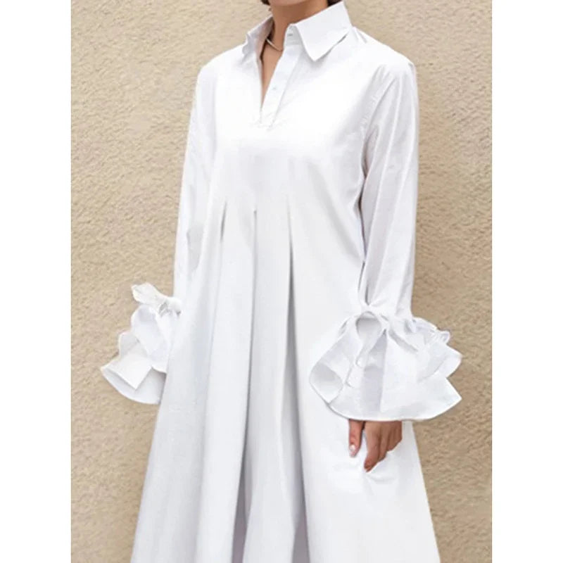 Female Black White Color Lapel Shirts Dress