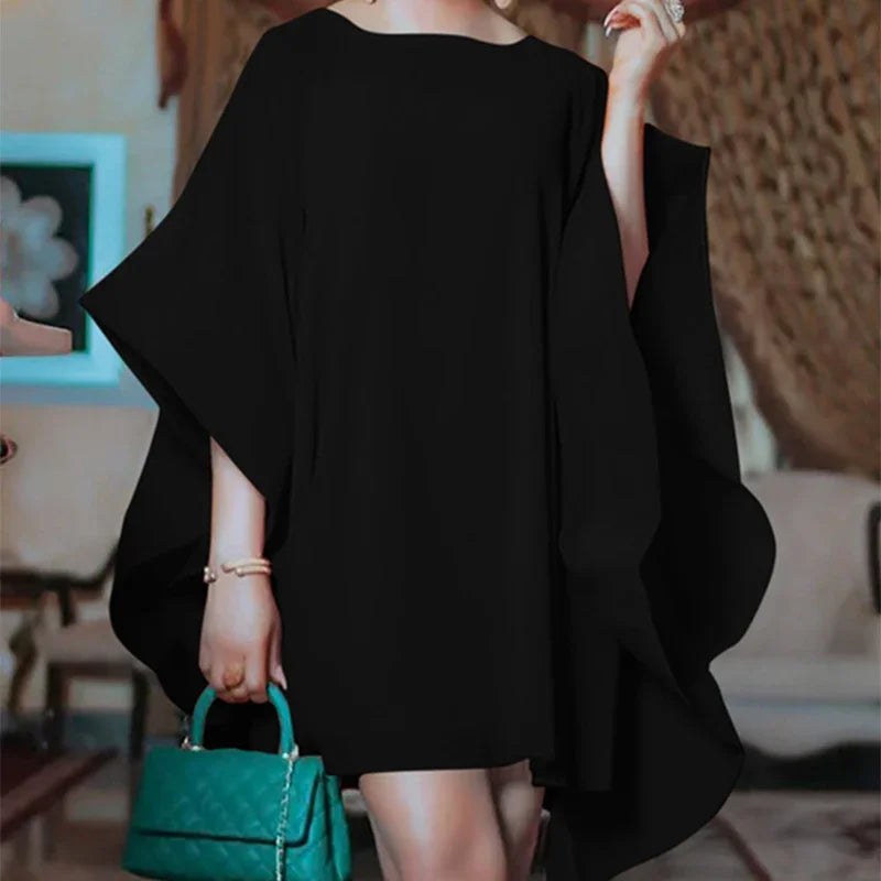 Women British Style Batwing Sleeves Solid Color Mini Dresses