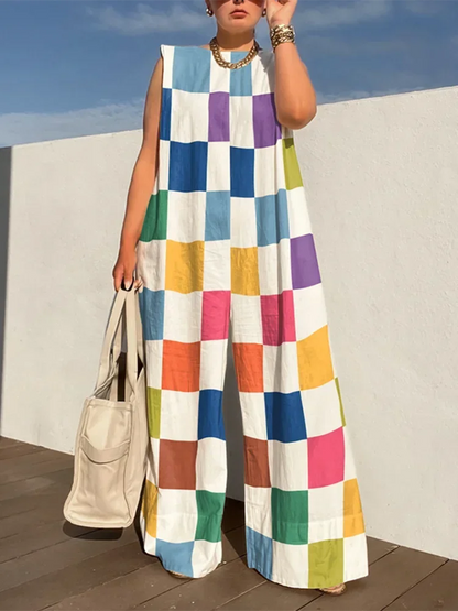 Women Multicolour Plaid Wide Leg Jumpsuits