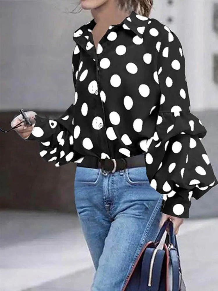 Women's Black White Polka-Dot Lapel Blouses